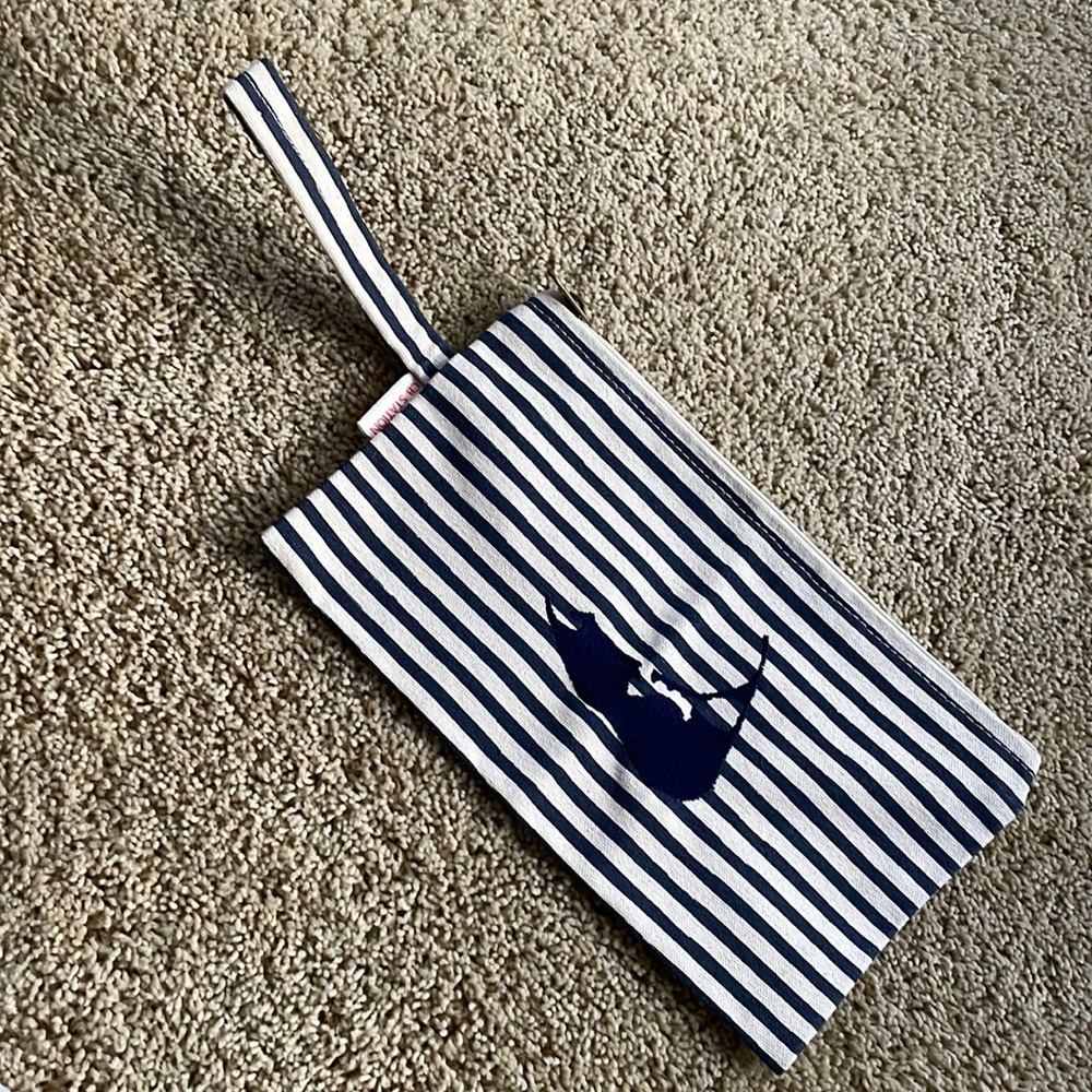 Navy and White Striped Wristlet Pouch with Cat Motif